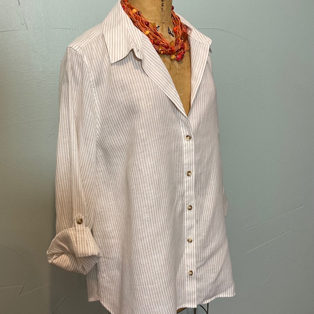 *SALE” NO IRON LINEN PINSTRIPE CHICOS TOP 3/14/16 XL NO ADDNL MARKDOWNS